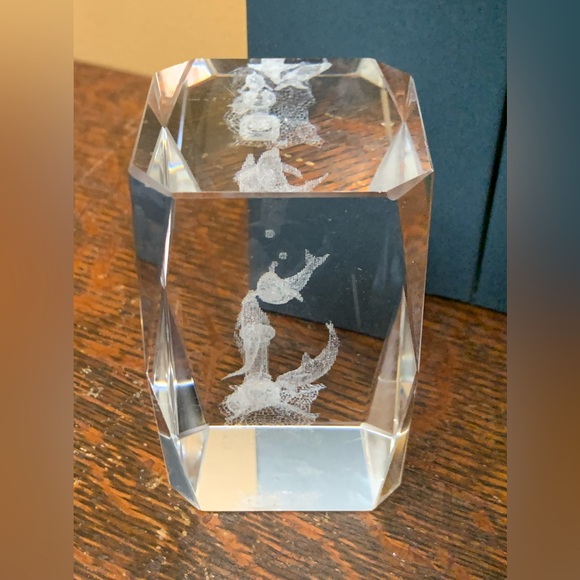 Solid Lead Crystal Laser Etched Swimming Dolphins Paperweight - Picture 6 of 16